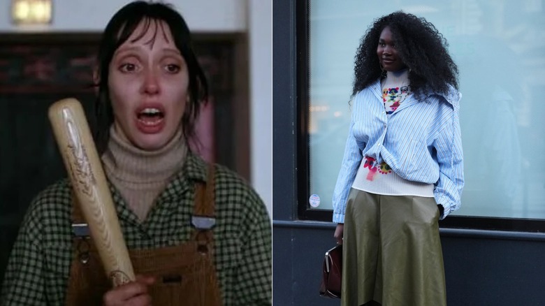 Side by side: Shelley Duvall in "The Shining" and a woman wearing a button-up over a turtleneck