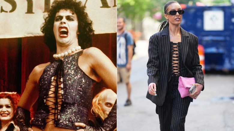 Side by side: Tim Curry in "The Rocky Horror Picture Show" and a woman wearing a front lace top