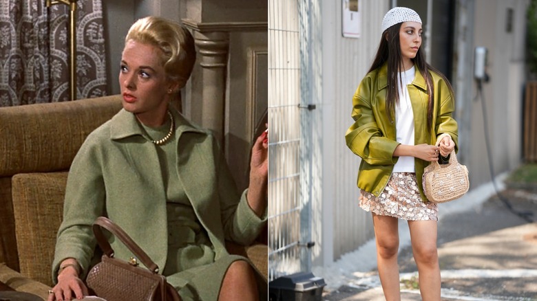 Side by side: Tippi Hedren in "The Birds" wearing all green and a woman wearing a green cardigan