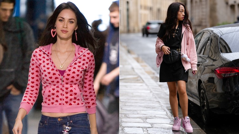 Side by side: Megan Fox in "Jennifer's Body" and a woman wearing a pink hoodie