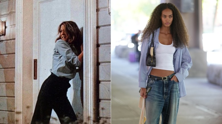 Side by side: Jamie Lee Curtis in a scene from "Halloween" and a woman wearing jeans, a tank top, and a shirt