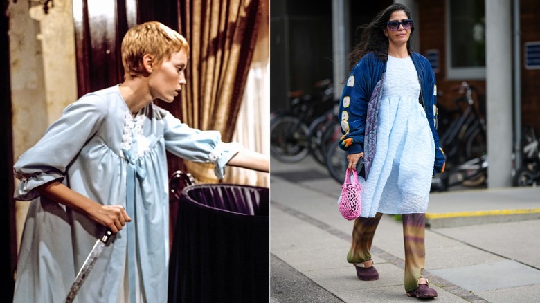 Side by side: Mia Farrow in "Rosemary's Baby" and a woman wearing a blue nightgown