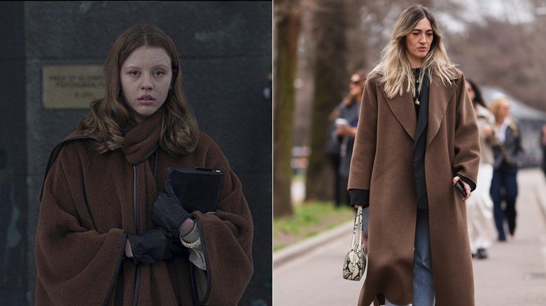 Side by side:  Mia Goth in "Suspiria" and a woman wearing a brown coat