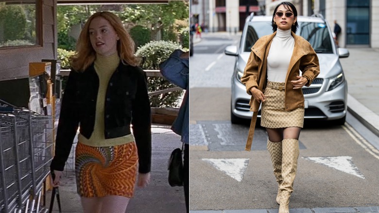 Side by side: Rose McGowan in "Scream" and a woman wearing a turtleneck and mini skirt combo