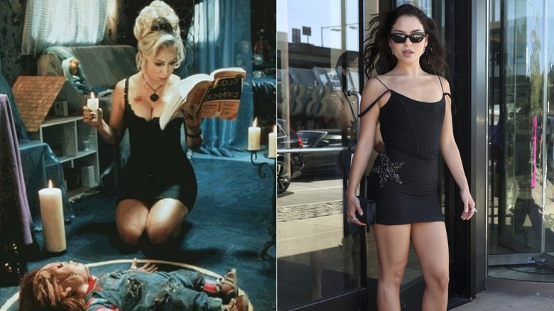 Side by side: Jennifer Tilly in "Bride of Chucky" and a woman wearing a black dress
