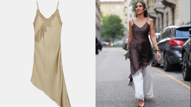 An asymmetric satin dress with lace trims which is perfect for spring (L) & a woman wearing an asymmetric slip dress with lace details over white pants