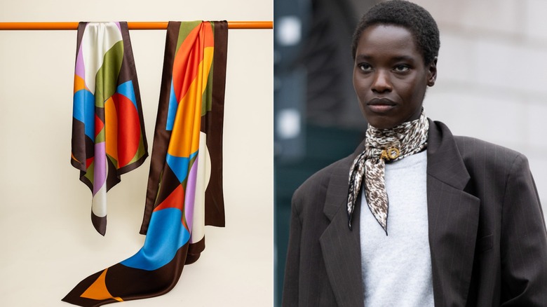 A multicolored silk scarf which is versatile and perfect for spring 2026 (L) & a woman wearing a silk scarf around her neck