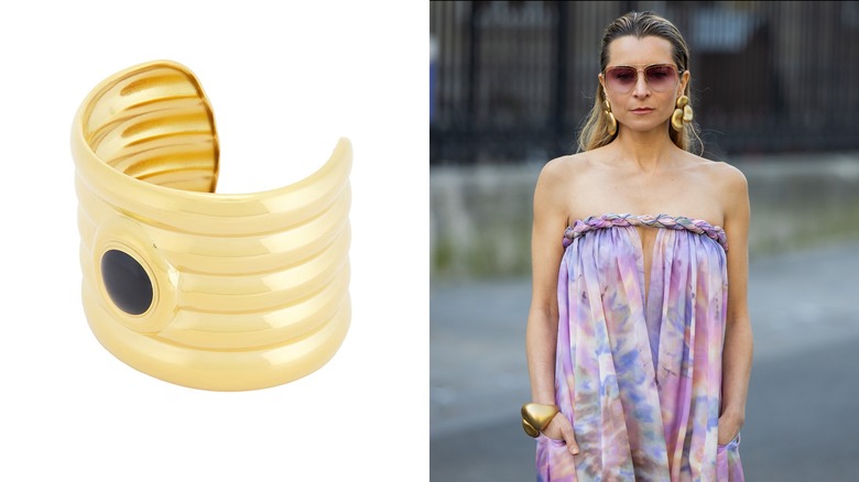 A unique and artistic gold cuff bracelet perfect for spring 2026 & a woman wearing unique gold earrings and bracelet