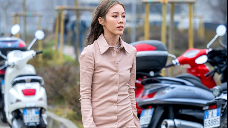 Jenny Tsang wearing pink shirtdress