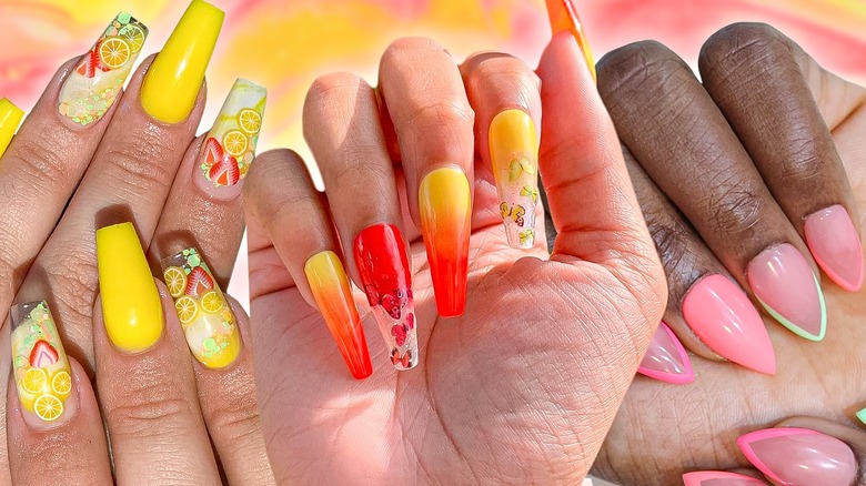 strawberry lemonade nails on pink yellow background