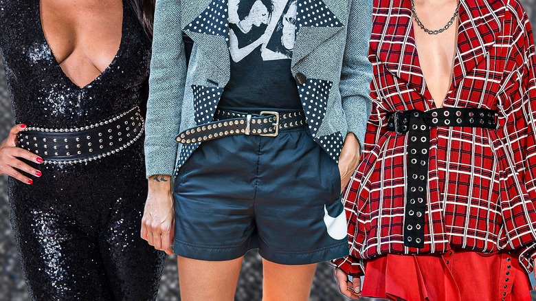 three looks with studded belt