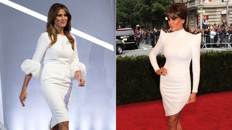 Side-by-side of Melania Trump wearing white dresses in 2016 and 2012.