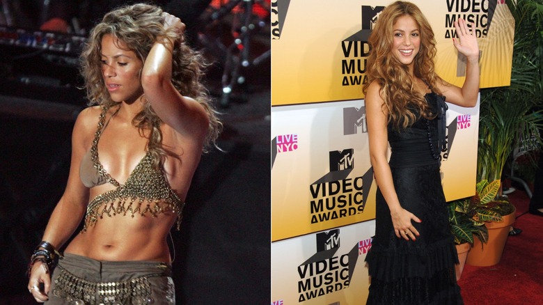 A side-by-side image of Shakira showing her in a sparkly two-piece set on the left and a black dress on the right