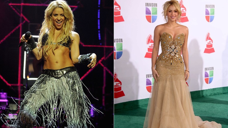 A side-by-side image of Shakira in a fringe-laden two-piece set on the left and a sparkly, beige-colored dress on the right