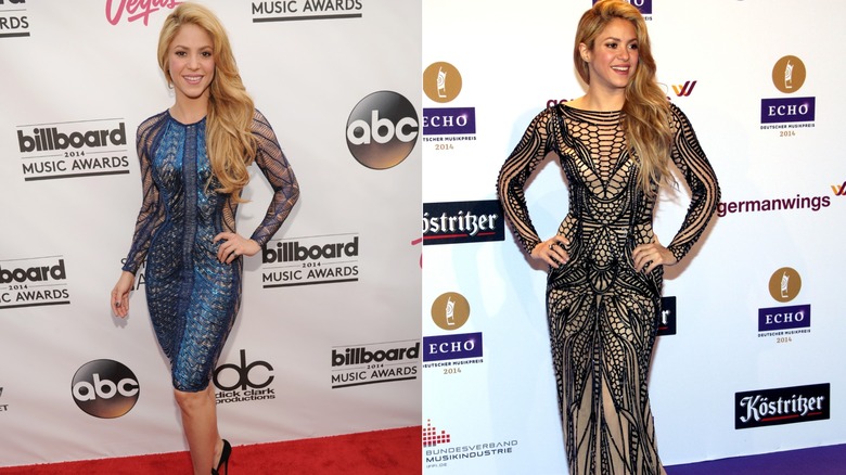 A side-by-side image of Shakira in daring dresses, with her wearing a blue one with mesh on the left and a beige-and-black one on the right