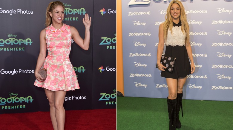 A side-by-side image of Shakira in a pink dress on the left and a white-and-black dress on the right