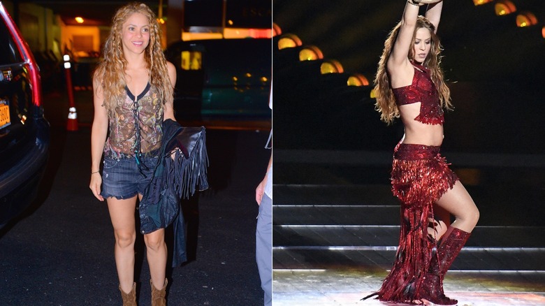 A side-by-side image shoes 2018 Shakira wearing a colorful top with hot pants and 2020 Shakira wearing a dazzling, red two-piece set on stage