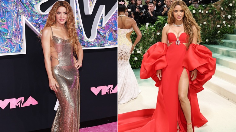 A side-by-side image of Shakira in a metallic dress on the left and a gorgeous red gown on the right