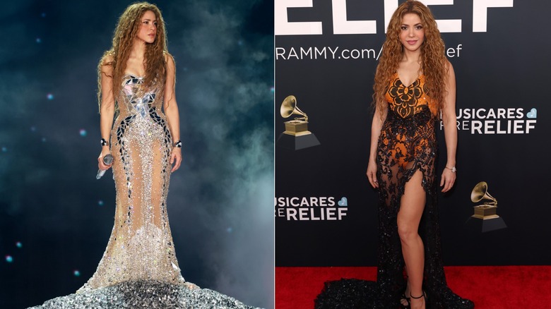 A side-by-side image of Shakira wearing body-hugging dressed, with her in a metallic one on the left and an orange-and-black one on the right