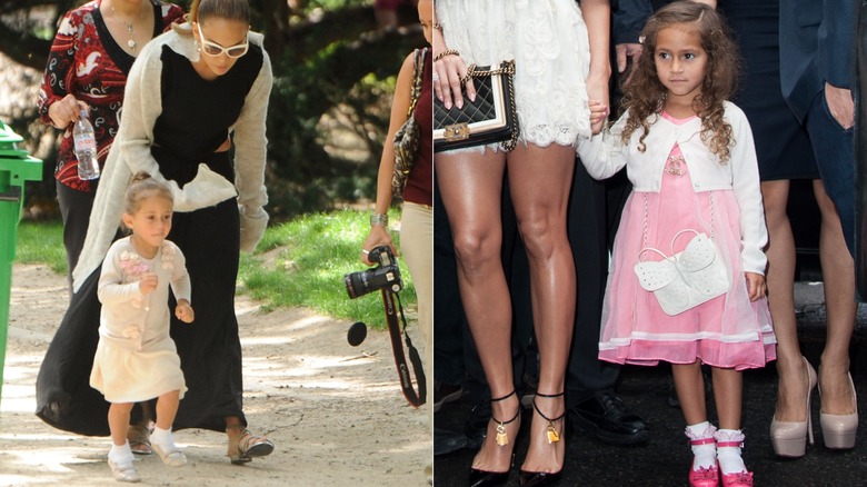 Split image of Emme Muñiz wearing a sweater and skirt on the left and wearing a pink dress and cropped sweater on the right.