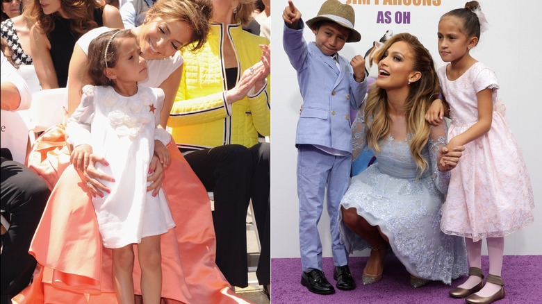Split image of Emme Muñiz wearing a white dress on the left, and wearing a pink dress on the right.