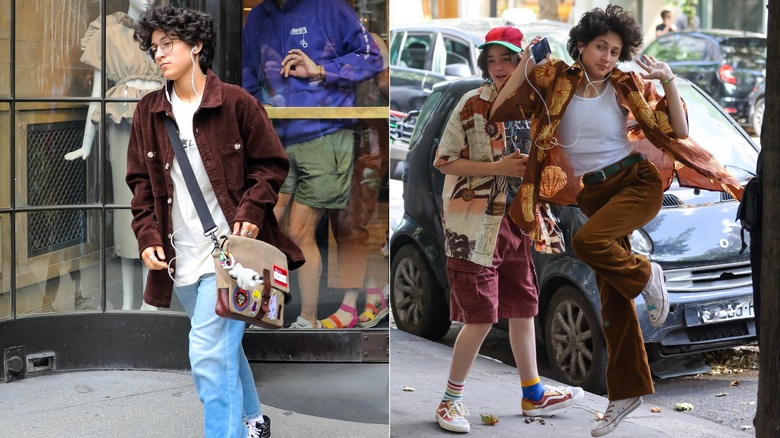 Split image of Emme Muñiz wearing baggy clothes and a side body bag on the right, and posing in brown pants and white tank on the right.