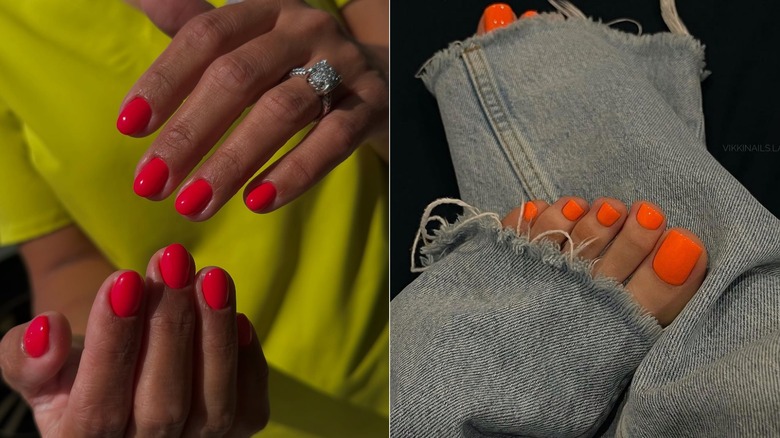 Left: a bright coral manicure. Right: an orange pedicure.