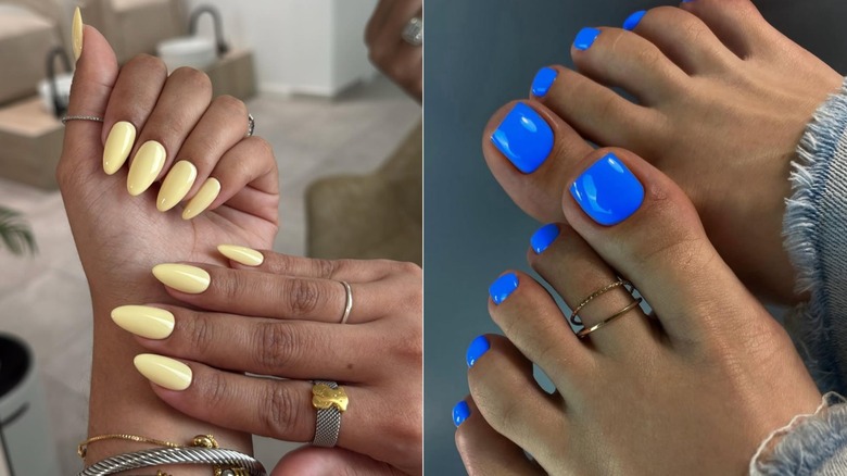 Left: a butter yellow manicure. Right: a bright blue pedicure.