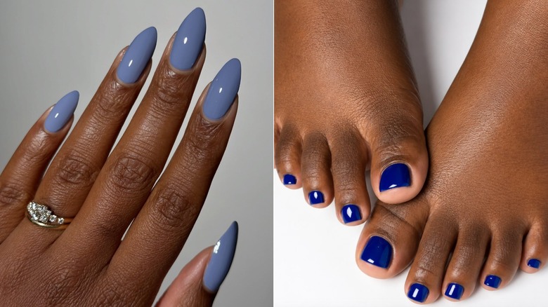 Left: a periwinkle manicure. Right: A dark blue pedicure.