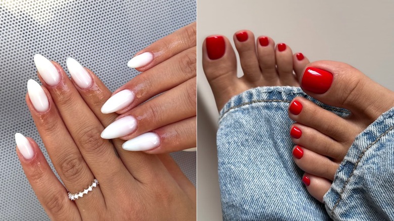 Left: a white manicure. Right: a red pedicure.