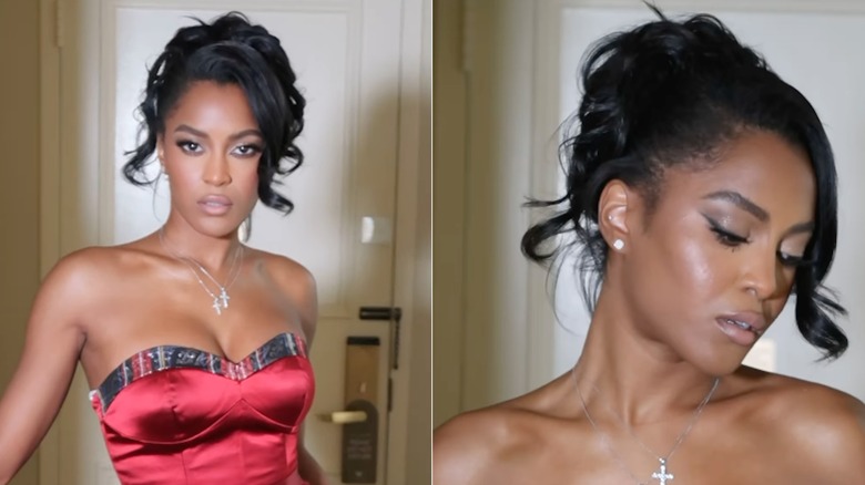 Ciara Miller posing with curly hair in a glamorous updo