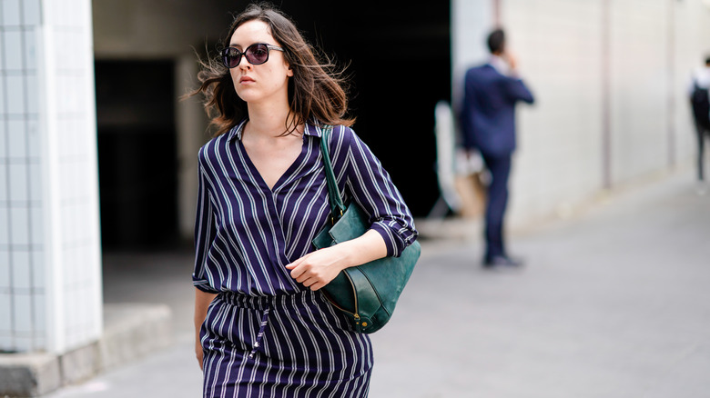 woman wearing striped dress