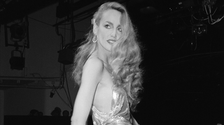 Jerry Hall modeling at a fashion show in 1978.