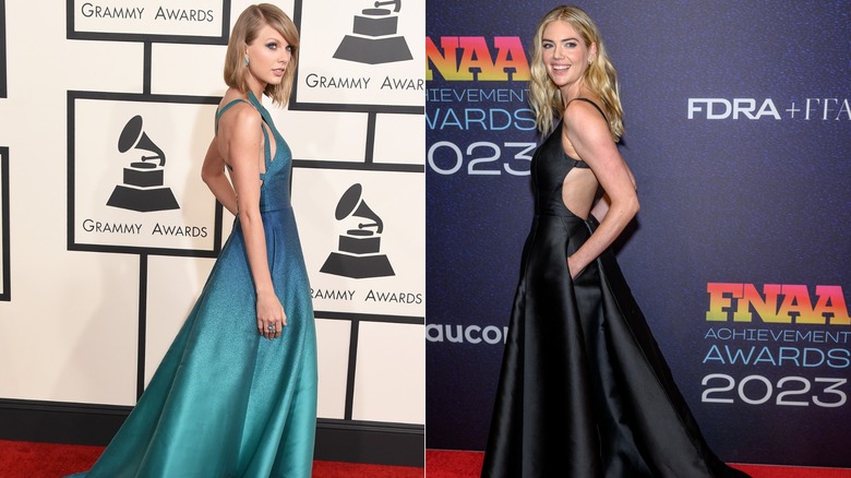 Side by side: (L) Taylor Swift wears a green dress at the 2015 Grammys, (R) Kate Upton wears a black dress at the 37th Annual Footwear News Achievement Awards in 2023