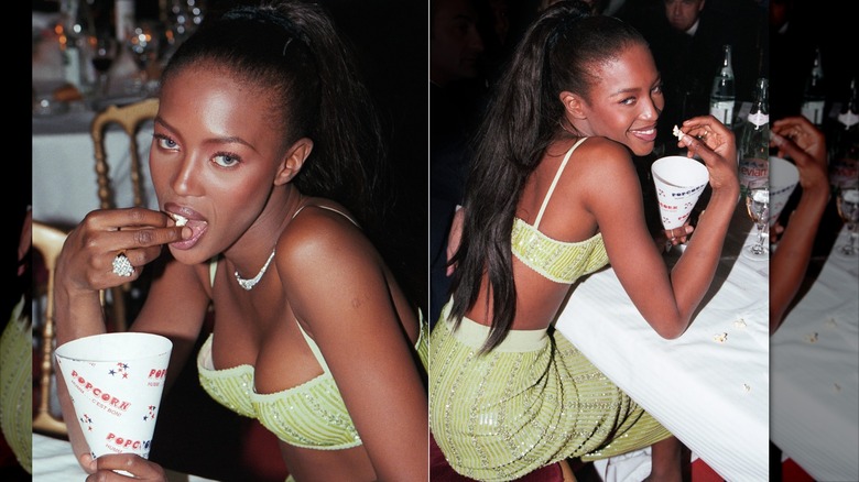 Side-by-side image of Naomi Campbell wearing a light-green two-piece skirt and top set.