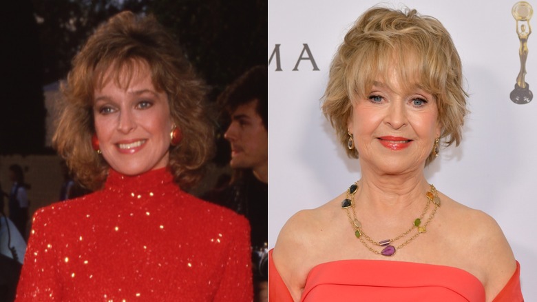 Jill Eikenberry wearing a sparkly red dress in the 1980s (L) & Jill Eikenberry wearing a sleeveless dress in 2022 (R)