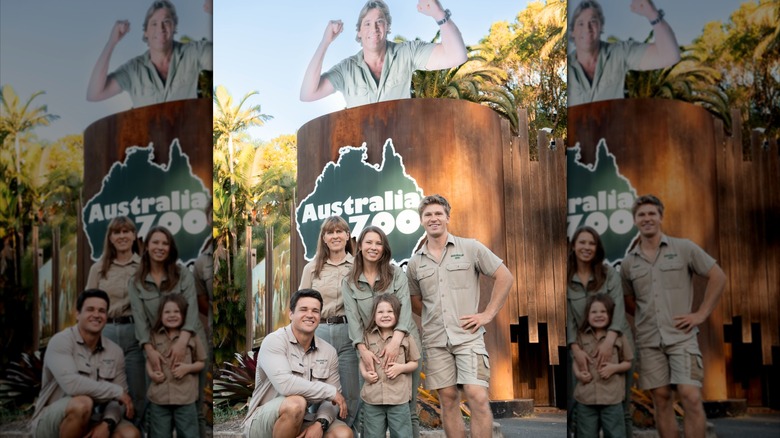 Chandler Powell, Terri Irwin, Bindi Irwin, Grace Irwin, and Robert Irwin pose in khaki