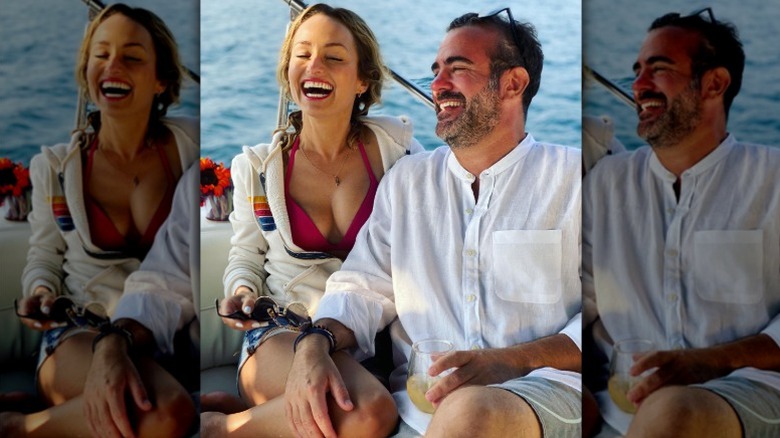 Giada De Laurentiis and Chris Farley laugh together on a boat while celebrating her 50th birthday