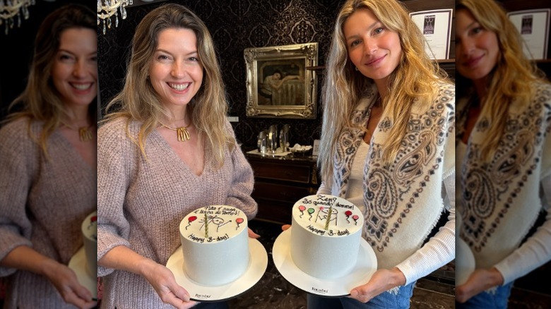 Pati and Gisele Bündchen smile holding birthday cakes