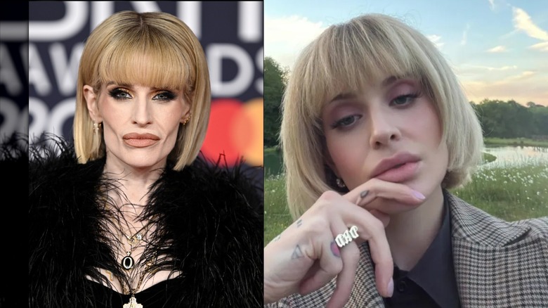 Side by side of Kelly Osbourne at the 2026 BRIT Awards wearing a stack of necklaces and wearing a "Dad" ring