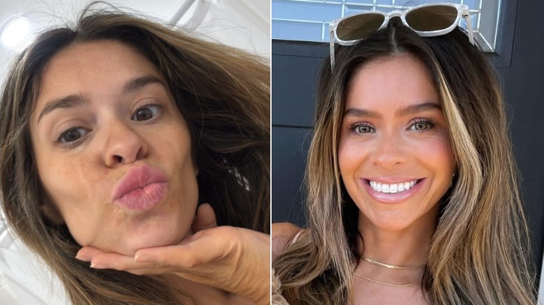 Side-by-side comparison of Taylor Frankie Paul with makeup on vs. no makeup. Left: Taylor poses for a professional photoshoot, her eyebrows are very dark whereas her lipstick and rest of her makeup is pale. Right: A selfie of Taylor, fresh-faced, pouting into the camera. Her eyebrows are natural and thick, not colored extra dark.