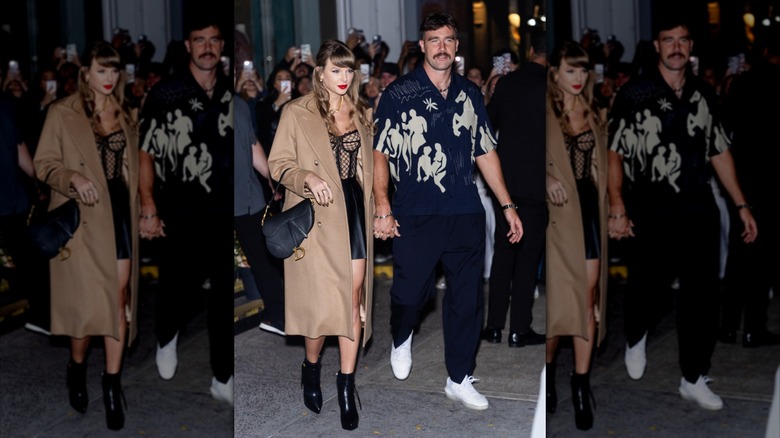 Taylor Swift wears a camel-colored coat, black leather skirt, and boots while out with Travis Kelce