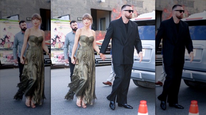 Taylor Swift wears an olive green maxi dress and holds hands with Travis Kelce