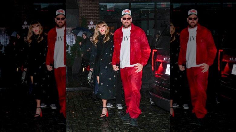 Taylor Swift wears a printed peacoat, black skirt, and black heels while out with Travis Kelce