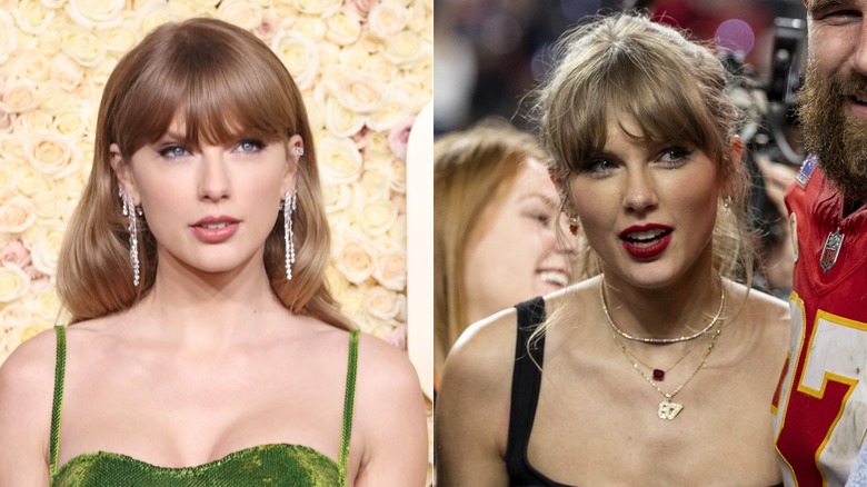 Taylor Swift wearing expensive jewelry at the Golden Globes at the Super Bowl in 2024