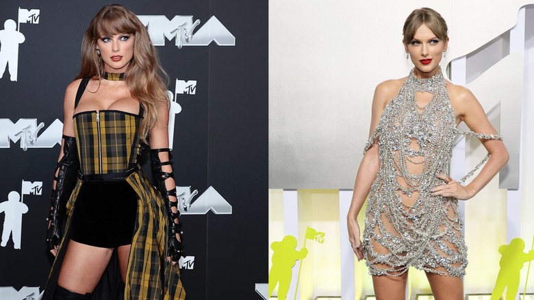 Taylor Swift wears a plaid look to the 2024 VMAs on the left and pictured wearing a crystal dress to the 2022 VMAs on the right