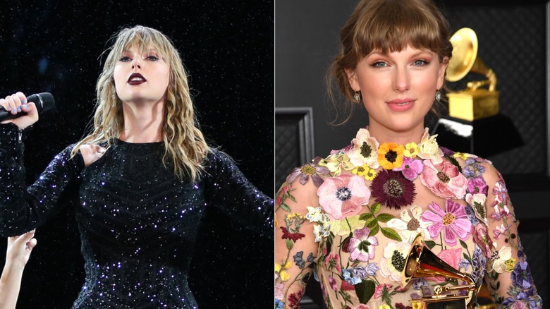 Taylor Swift at a "Reputation" performance, and Swift receiving a Grammy in 2021.