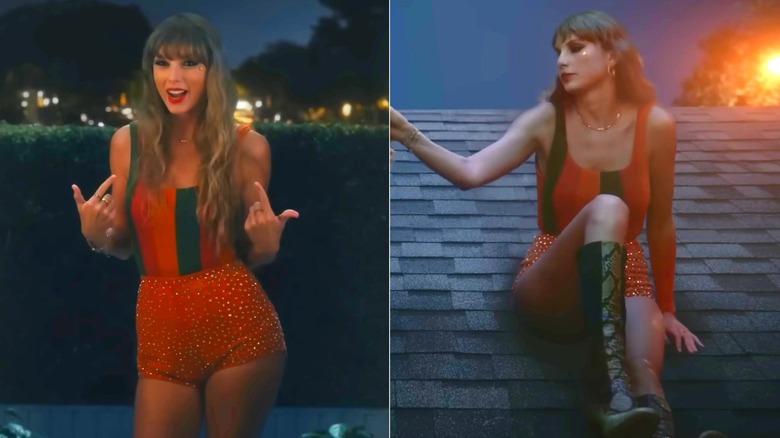 Taylor Swift wears a rainbow striped tanktop, orange rhinestone-covered mini shorts, and a pair of green and black snakeskin boots. Her hair is down and wavy, with blunt bangs.