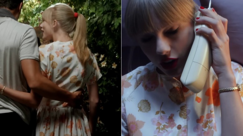 Two images of Taylor Swift in a white midi dress covered in muted pink, orange, and green flowers. In one image, she is arm in arm with a man off-screen, and in the other she is laying in bed talking on a landline phone.