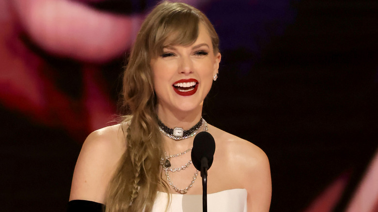 Close up of Taylor Swift at the 2024 Grammys